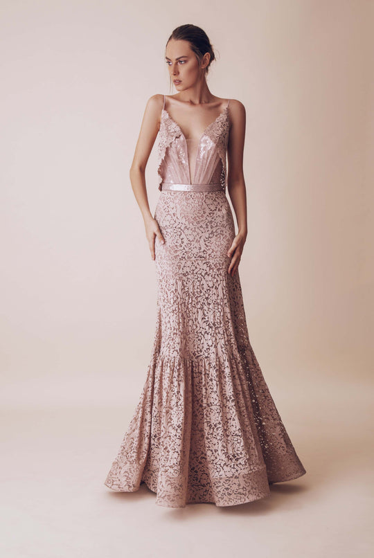 Gatti Nolli Couture - OP-4987 Sequined Lace Deep V-neck Mermaid Dress In Pink