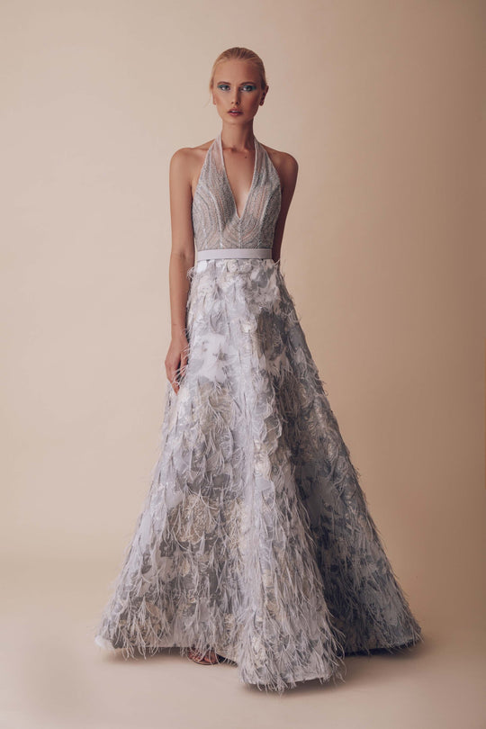 Gatti Nolli Couture - OP-5028 Sleeveless Plunging Halter V-neckline In Grey and Pink