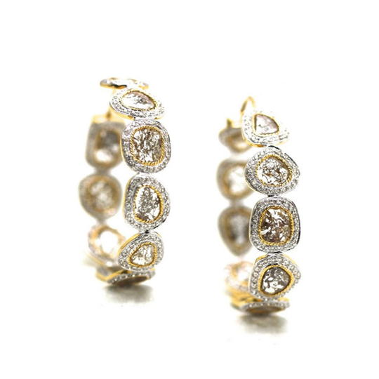 Tresor Collection - Organic Color Diamond Slice with White Diamond Earrings in 18k Yellow Gold