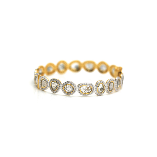 Raw organic diamond slice & colorless brilliant diamond (5.77 cts) bangle bracelet in 18k Yellow Gold