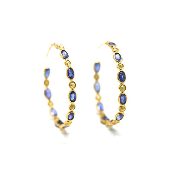 Rose cut champaign diamond and blue sapphire hoop earrings in yellow gold