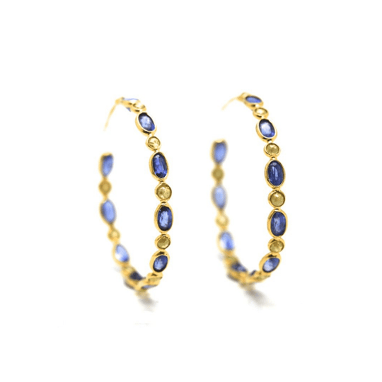 Tresor Collection - Rose cut champaign diamond and blue sapphire hoop earrings in yellow gold