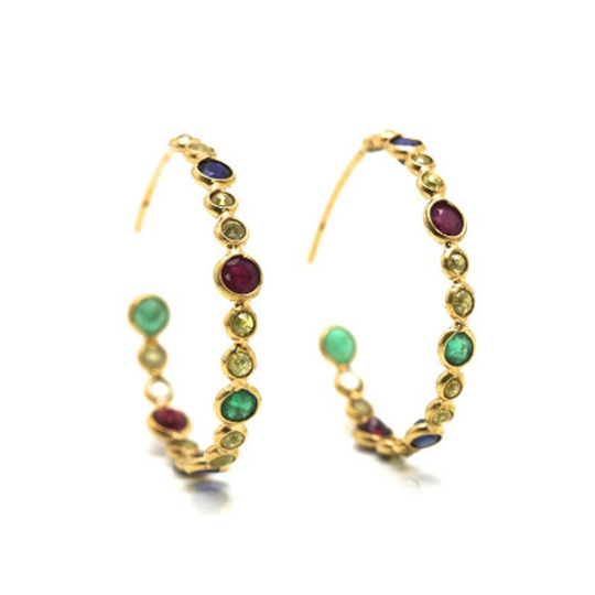 Tresor Collection - Organic Color Diamond, Ruby, Emerald & Sapphire Hoop  Earrings in 18k Yellow Gold