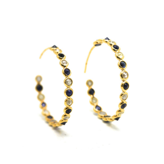 Rose cut champaign diamond & sapphire hoop earrings in yellow gold