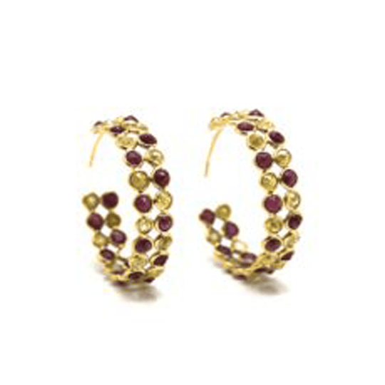 Tresor Collection - Rose cut champaign diamond and ruby double row hoop earrings in yellow gold