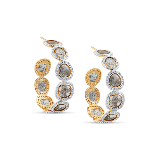 Organic Diamond Slice with White Diamond Hoop Earrings in 18k Yellow Gold