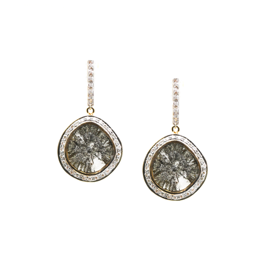 Diamond Slice with Pave Diamond Frame Earrings in 18k Yellow Gold