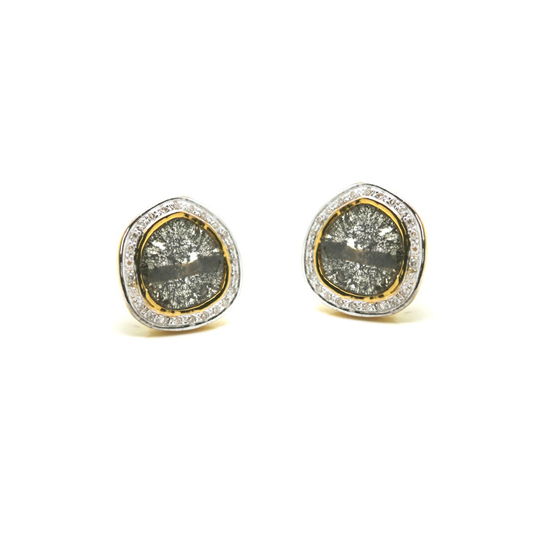 Diamond Slice with Pave Diamond Frame Stud Earrings in 18k Yellow Gold