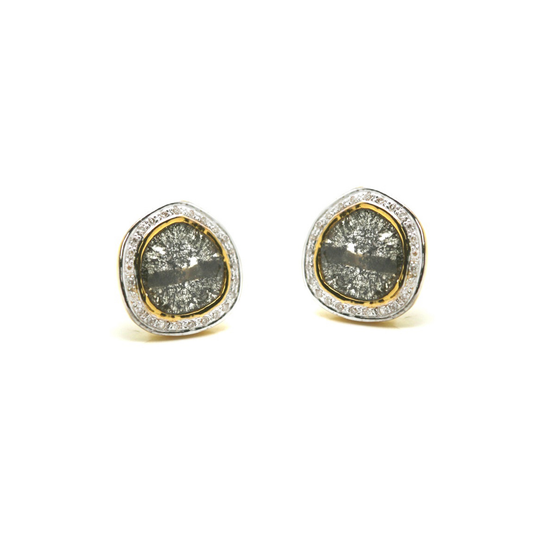 Tresor Collection - Diamond Slice with Pave Diamond Frame Stud Earrings in 18k Yellow Gold