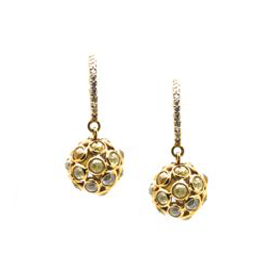 Rose cut raw organic diamond sphere ball earrings 18k yellow gold