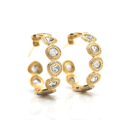 Raw organic diamond slice & colorless brilliant diamond (3.04 cts) hoop earrings in 18k yellow gold