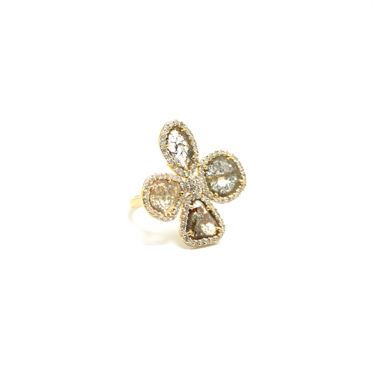 Organic Diamond Flower Ring with White Diamond Pave Frame set in 18k Yellow Gold