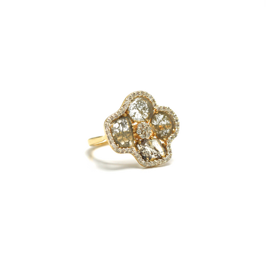 Organic Diamond Flower Ring with White Diamond Pave Frame set in 18k Yellow Gold