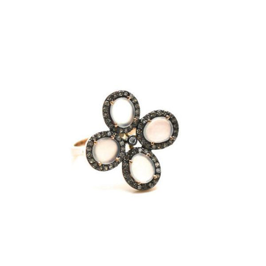 White Moonstone Flower Ring With Diamond Pave Frame Set In 18K Rose Gold