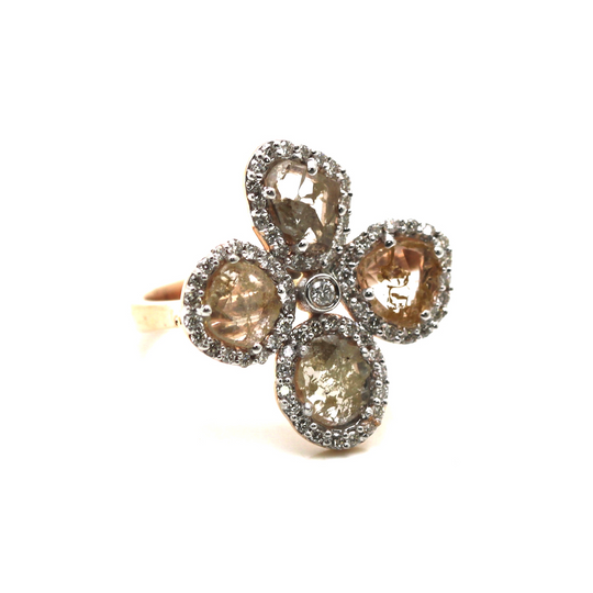 Tresor Collection - Organic Diamond Flower Ring With White Diamond Pave Frame Set in 18k Organic Diamond