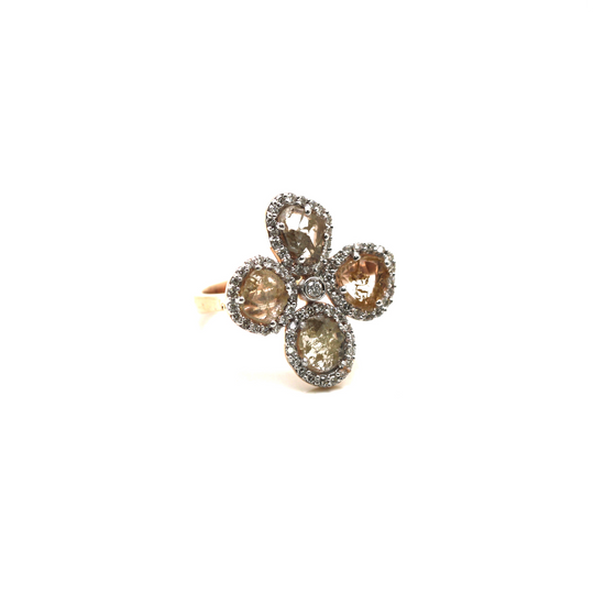 Organic Diamond Flower Ring With White Diamond Pave Frame Set in 18k Rose Gold