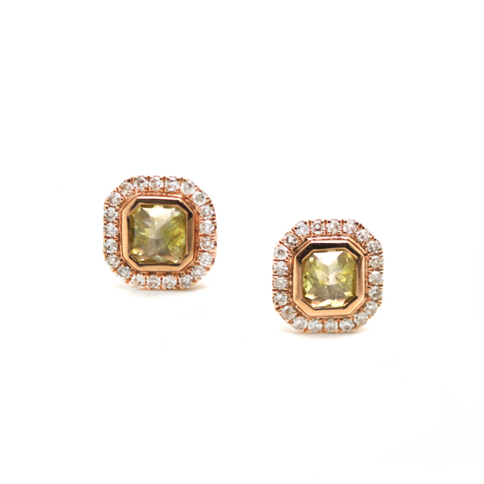 Yellow Diamond with Pave Diamond Stud Earrings in 18k Rose Gold