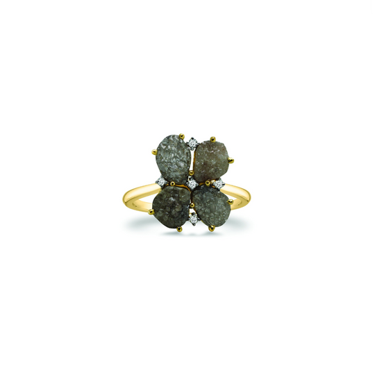 Four Leave Organic Black Diamond with Diamond Accent Ring in 18k Yellow Gold