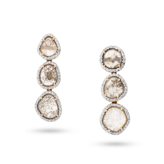 Tresor Collection - Organic Diamond Slice with Diamond Pave Stud Earrings in 18k Yellow Gold