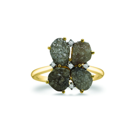 Tresor Collection - Four Leave Organic Black Diamond with Diamond Accent Ring in 18k Yellow Gold