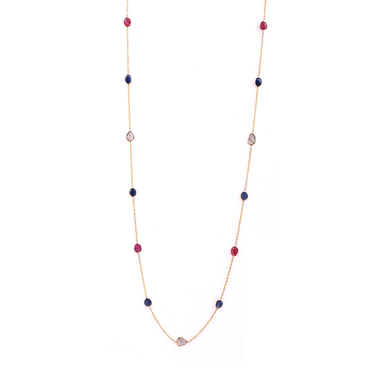 Tresor Collection - Blue Sapphire, Ruby & Diamond Slices Necklace in 18k Yellow Gold