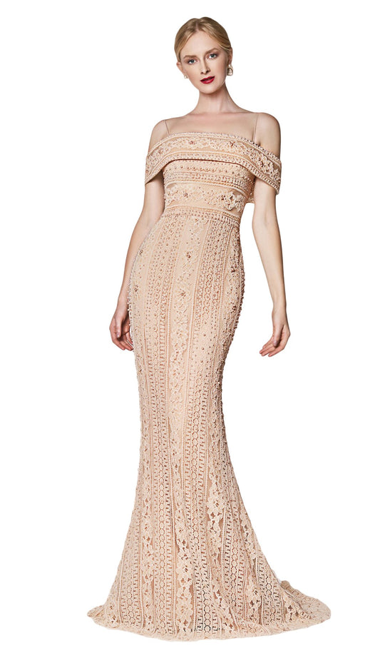 Cinderella Divine - CB0032 Off Shoulder Beaded Lace Mermaid Gown In Neutral