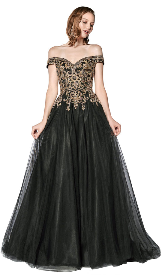 Cinderella Divine - KV1032 Beaded Off-Shoulder A-Line Gown In Black