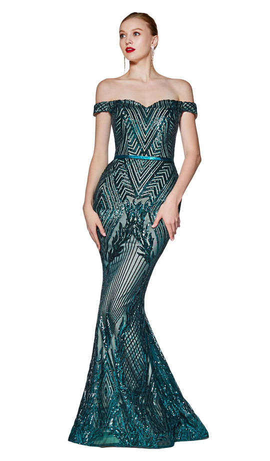 Cinderella Divine - CB0039 Sparkly Sequin Off-Shoulder Evening Gown In Green