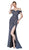 Cinderella Divine - KC870 Off Shoulder Glitter Metallic High Slit Gown In Blue