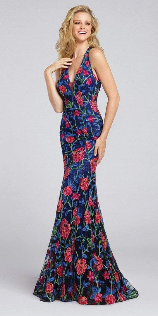Ellie Wilde - EW117087 Floral Cutout Back Mermaid Gown In Blue and Multi-Color