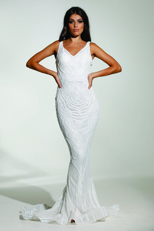 Tinaholy Couture - P1732 Scallop Sequin Sleeveless V Neck Mermaid Gown In White and White