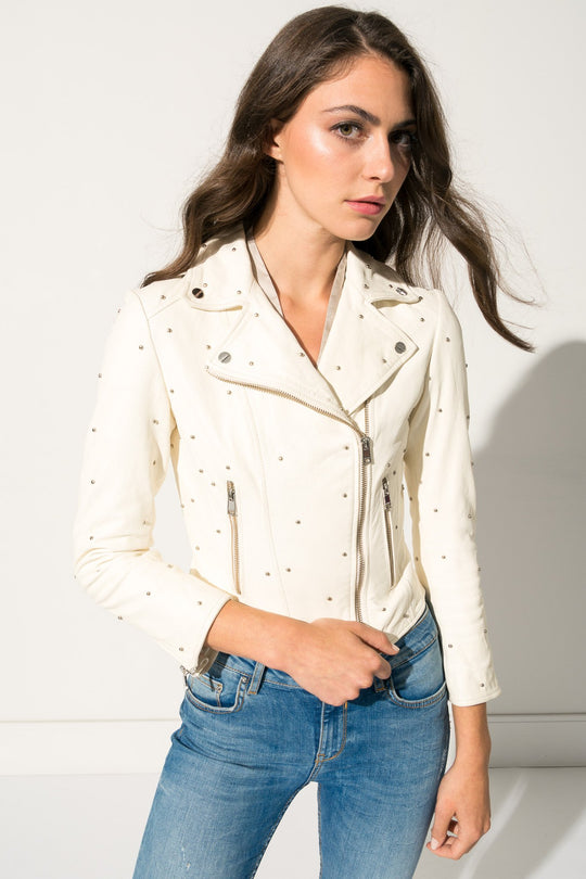 PIPER White Studded Leather Jacket | PIPER Veste en cuir blanche clouté
