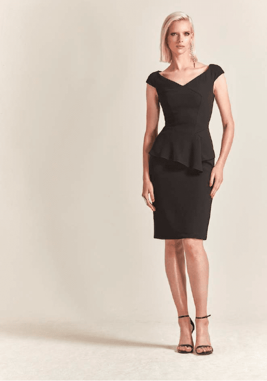 Park 108 - M204 Crepe V Neckline Peplum Detailed Cocktail Dress In Black