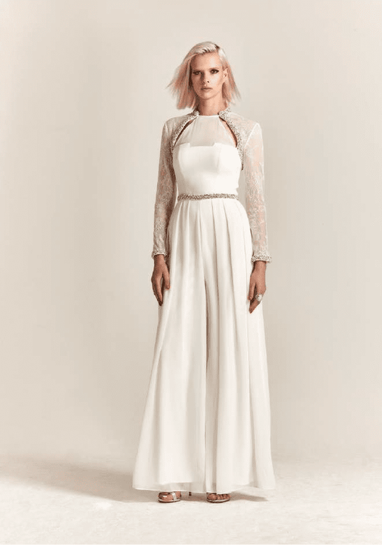 Park 108 - M210 Pearl Beaded and Lace Long Sleeve High Neck Jumpsuit In White