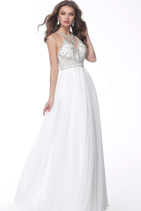 Jovani - 55811 Embellished Halter Chiffon A-line Dress In White