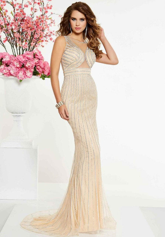 Panoply - 14856 Beaded Illusion Jewel Sheath Jersey Dress In Neutral
