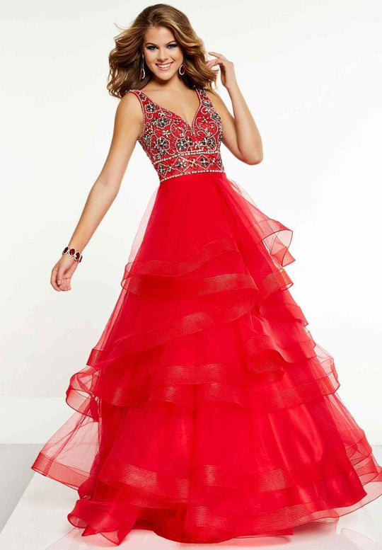 Panoply - 14859 Embellished V-neck Tulle A-line Dress In Red