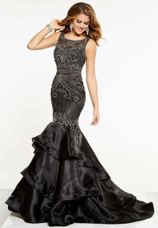 Panoply - 14862 Three Tiered Fitted Mermaid Gown In Black