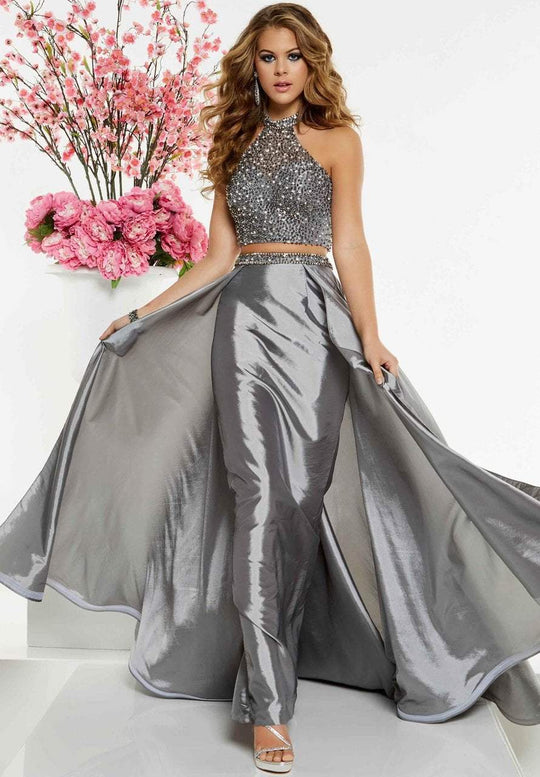 Panoply - 14863 Rhinestone Beaded Gown with Overskirt In Gray