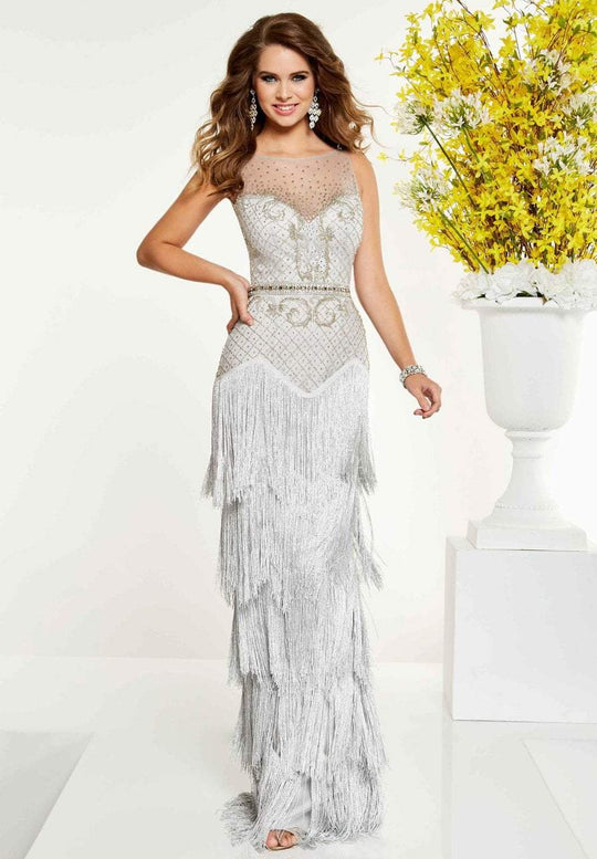 Panoply - 14866 Beaded Fringed Evening Gown In Silver