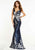 Panoply - 14867 Sequined Floral Fitted Plunging Gown In Blue and Silver