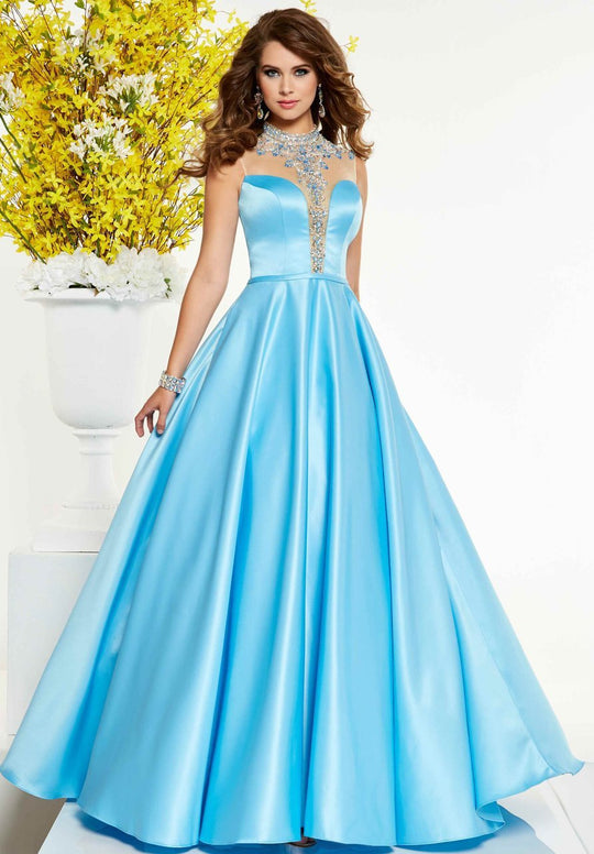 Panoply - 14870 Embellished High Neck Pleated Gown In Blue
