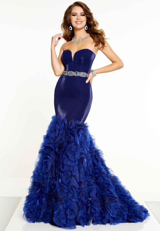 Panoply - 14871 Strapless Fitted Floral Ruffled Evening Gown In Blue