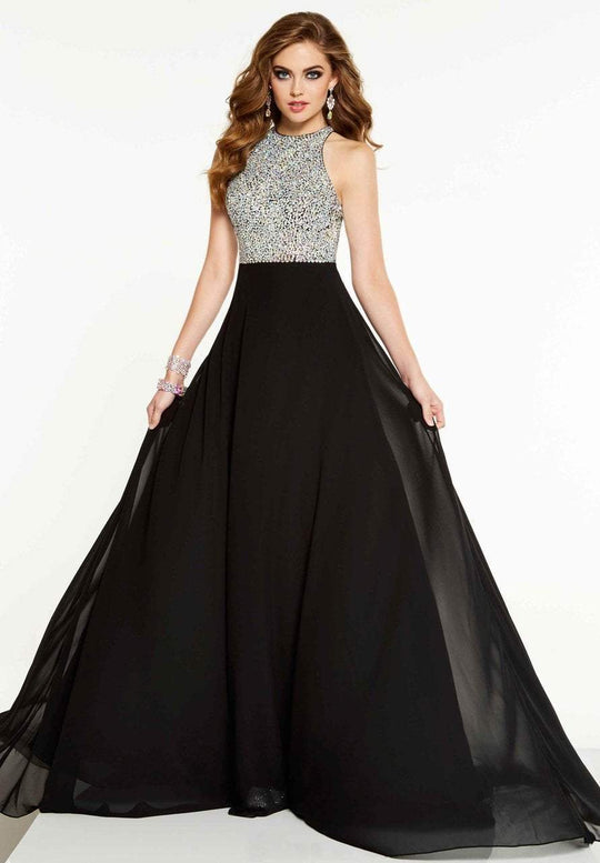 Panoply - Bejeweled High Jewel Chiffon A-Line Gown 14873 In Black