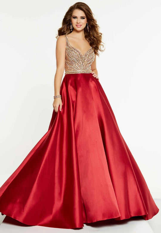 Panoply - 14875 Beaded Sweetheart Mikado Gown In Gold and Red