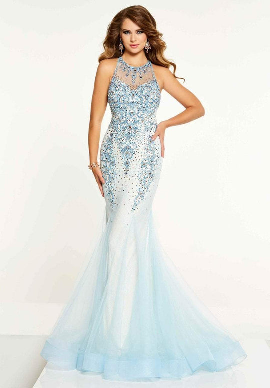 Panoply - 14876 Crystal Beaded Halter Mermaid Gown In Blue