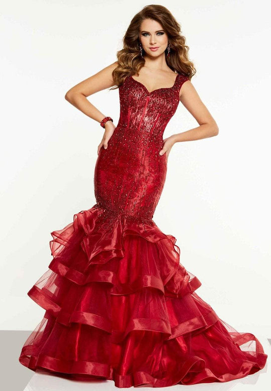Panoply - 14878 Bead Ornate Ruffle Tiered Organza Mermaid Gown In Red