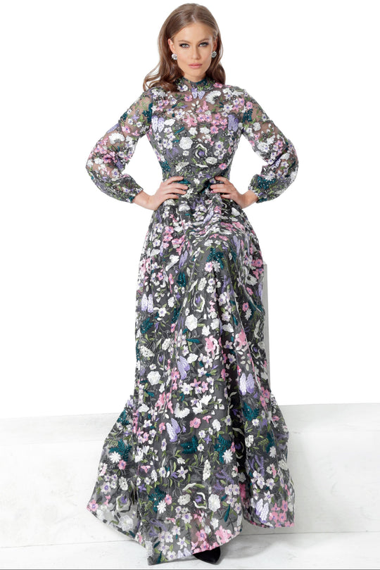 Jovani - 68472 Floral Embellished Long A-line Dress In Black and Multi