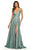 Sherri Hill - 52977 Long Surplice V-Neck High Slit Dress In Green and Silver