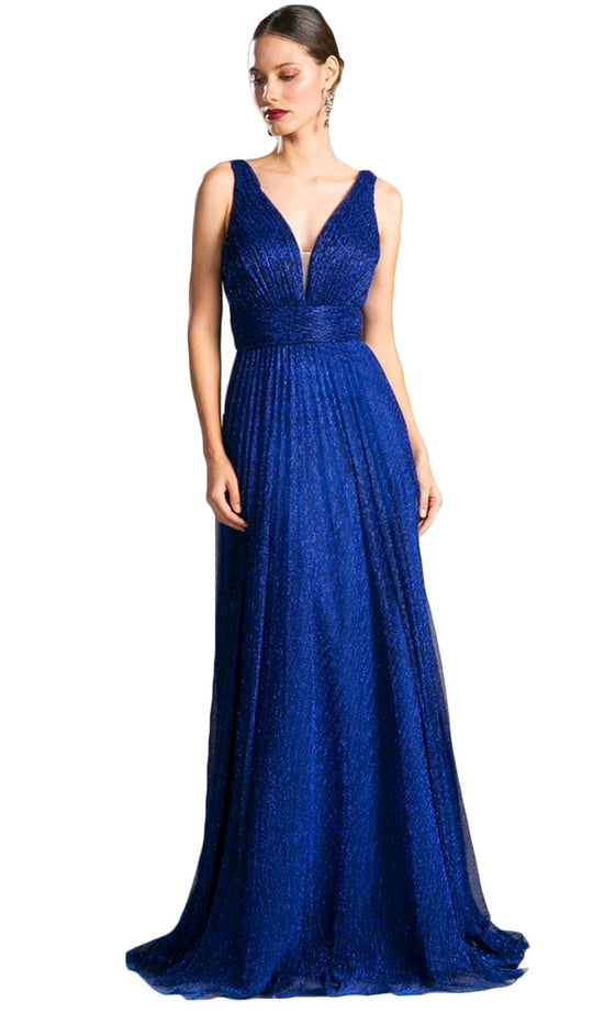 Plunging V-Neck Shirr-Ornate A-Line Evening Gown
